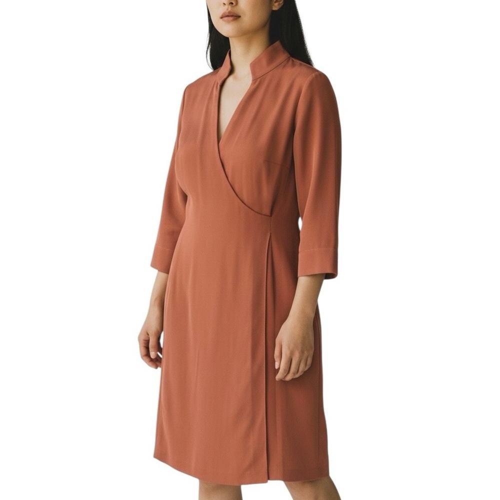 Lafayette 148 Burnt Orange Faux Wrap Silk Midi Dress - 10